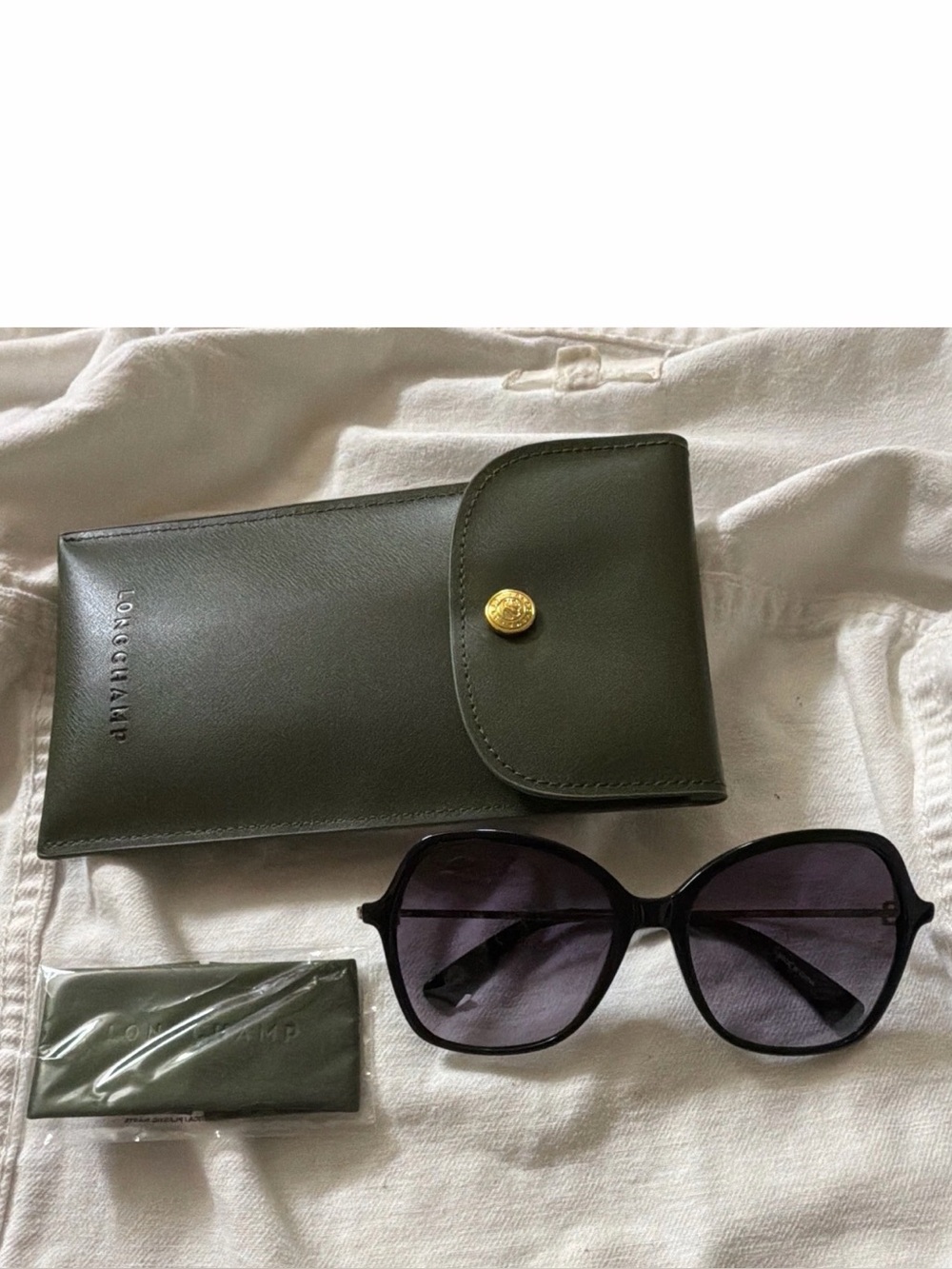 Longchamp Olive Green Leather Sunglasses Pouch with Black Frame Shades